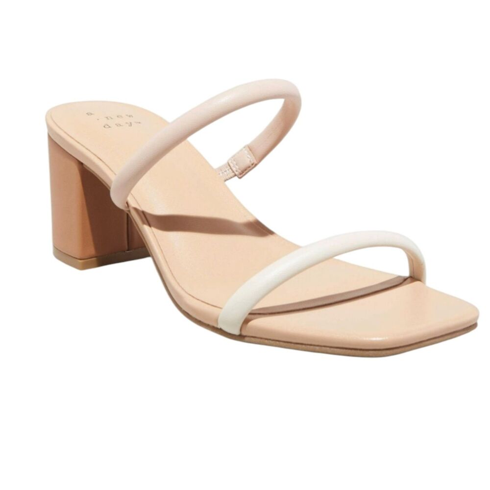 A New Day Size 8 Nude White Strap Block Heel Sandals